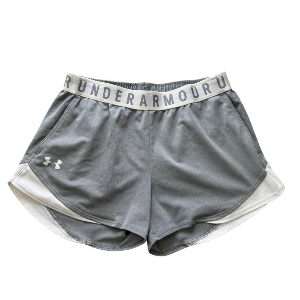Under Armour Play Up Shorts Womens Small Grey White HeatGear Loose Fit Athletic